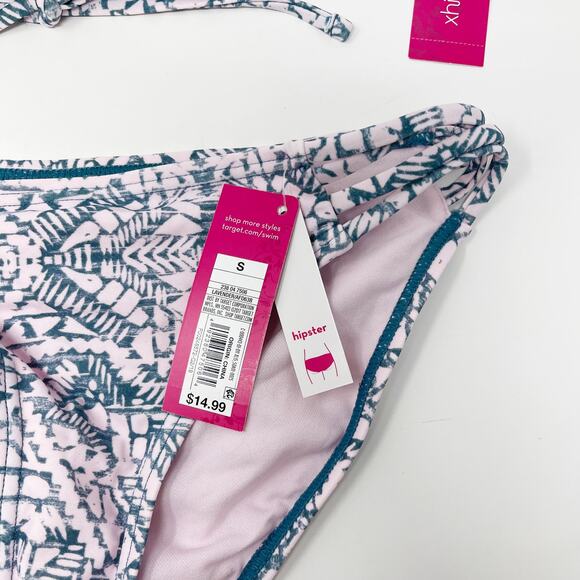 New Xhilaration XSmall Pink Blue Tribal Print Halter Bikini Top S Hipster Bottom - Picture 11 of 13